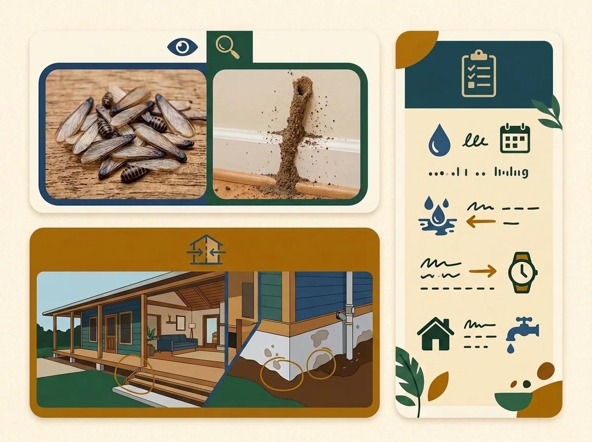 Three-panel termite documentation graphic with close-up clues, wider location context, and moisture timing notes