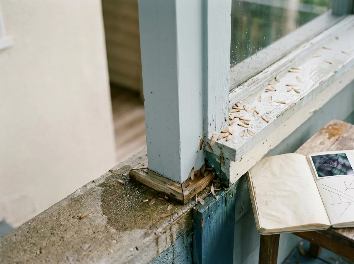 Termite wings scattered along a rainy Pensacola porch window sill with a blank notebook nearby