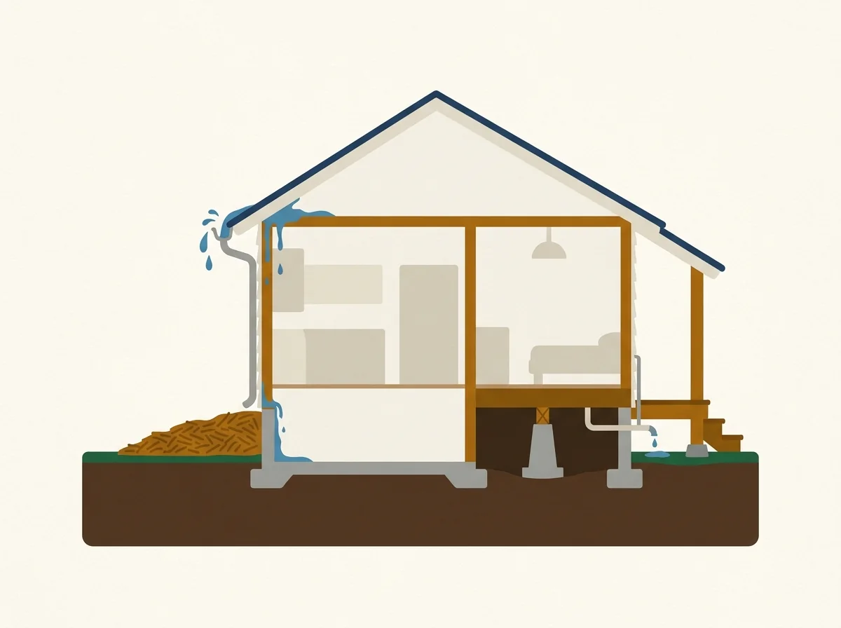 Illustrated cutaway of termite risk points around a Pensacola home foundation, porch, gutter, and crawlspace